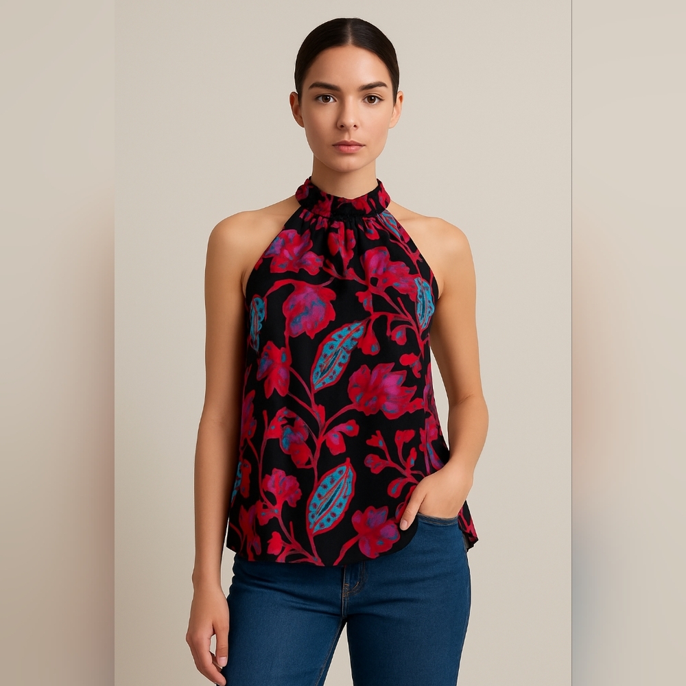 A.L.C. KINSA Size 4 Black Pink Blue Floral Halterneck Silk Sleeveless Blouse NWT